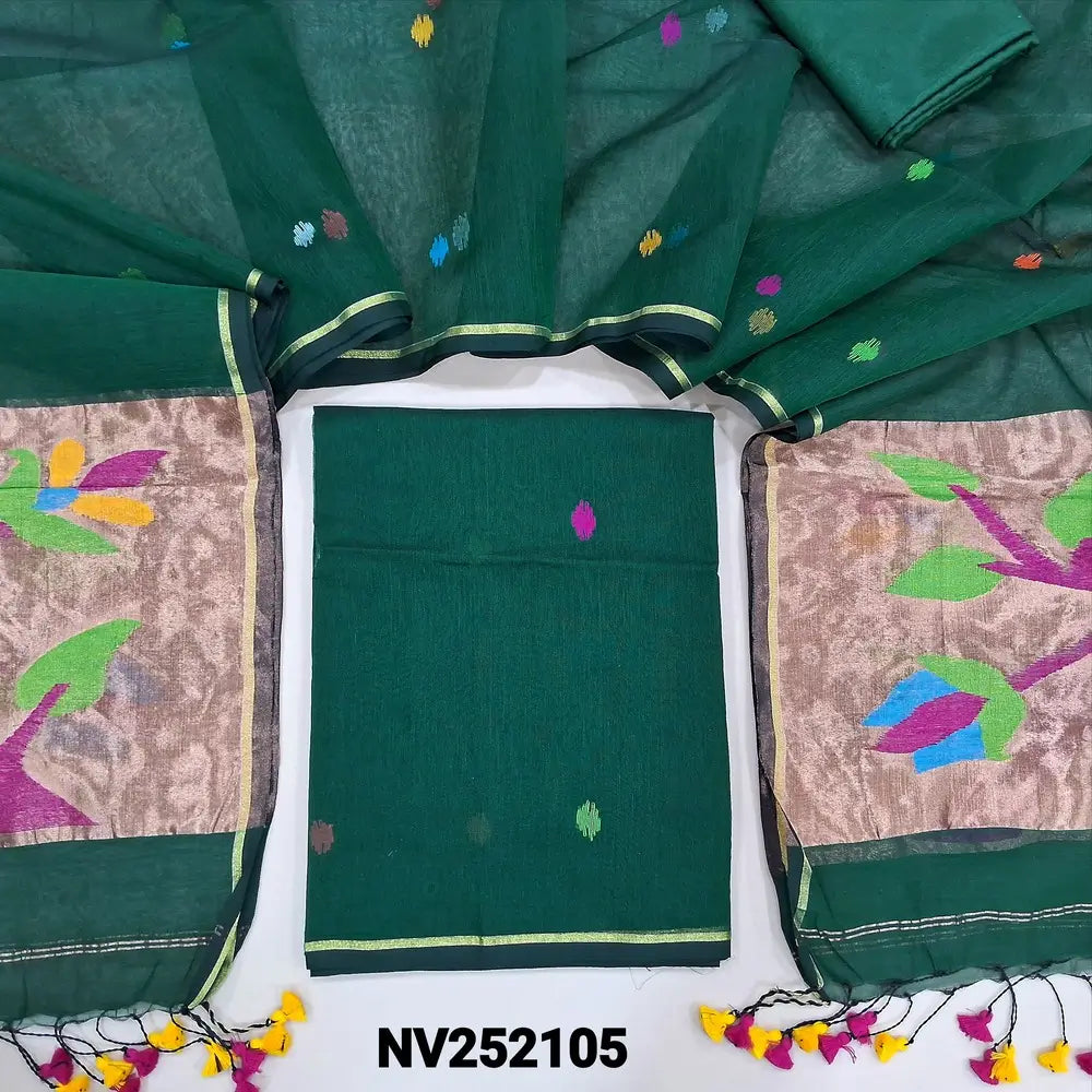 Bottle green muslin jamdani unstitched salwar material, hand woven design all over(thin, lining needed)matching silky bottom,hand woven muslin jamdani full length dupatta with rich paithani weaving pallu& hand made tassels. NV252105