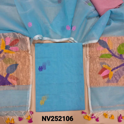 Pastel Blue muslin jamdani unstitched salwar material, hand woven design all over(thin, lining needed)pastel pink santoon bottom,hand woven muslin jamdani full length dupatta with rich paithani weaving pallu& hand made tassels. NV252106