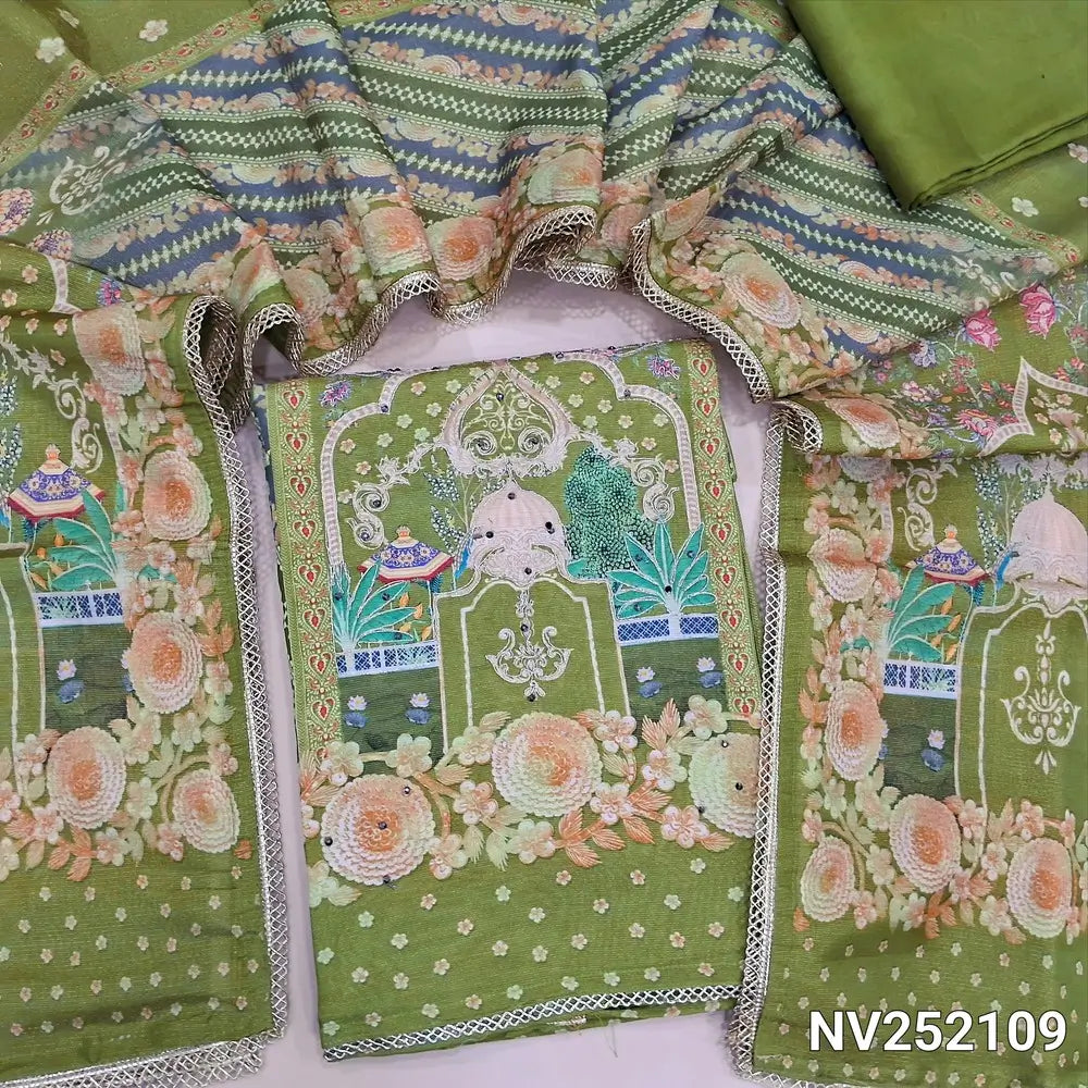 Mossy green tissue silk cotton unstitched salwar material (silky, lining needed) Karachi design, zari, sequins work on front, matching santoon bottom, digital printed short width tissue silk cotton dupatta. NV252109