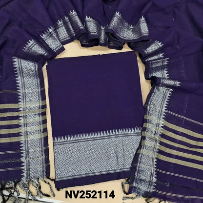 Violet mercerized handloom cotton unstitched salwar material(soft, lining needed) silver zari weaving border, mercerized handloom cotton dupatta with silver zari borders and tassels. NV252114
