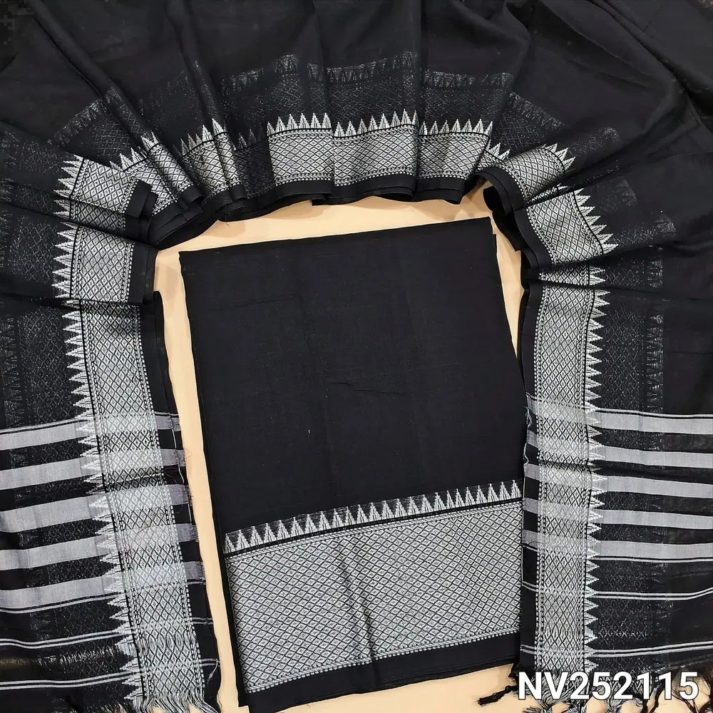 Black mercerized handloom cotton unstitched salwar material(soft, lining needed) silver zari weaving border, mercerized handloom cotton dupatta with silver zari borders and tassels. NV252115