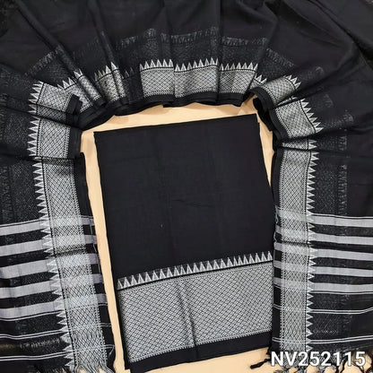 Black mercerized handloom cotton unstitched salwar material(soft, lining needed) silver zari weaving border, mercerized handloom cotton dupatta with silver zari borders and tassels. NV252115