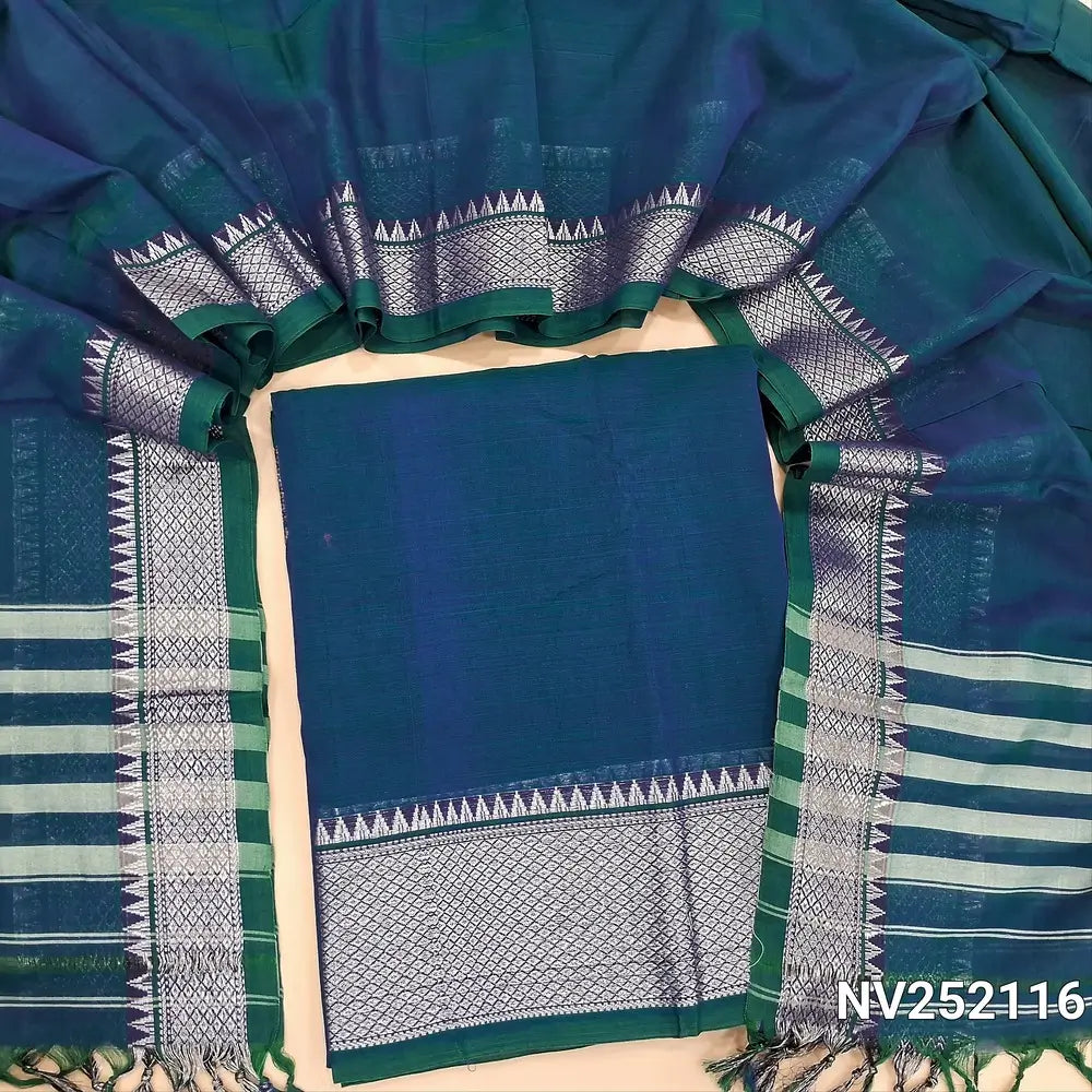 Peacock blue mercerized handloom cotton unstitched salwar material(soft, lining needed) silver zari weaving border, mercerized handloom cotton dupatta with silver zari borders and tassels. NV252116