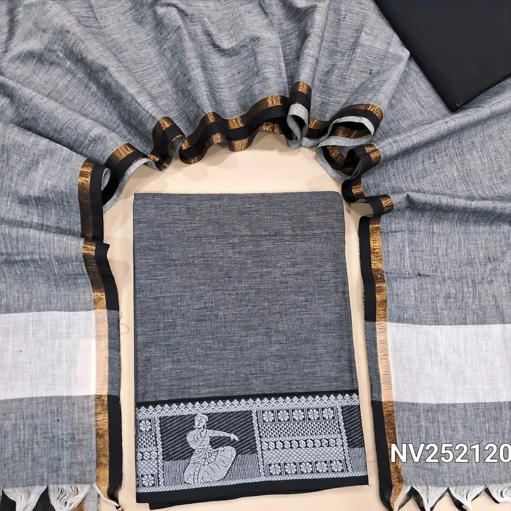 Dark Grey south handloom Cotton unstitched salwar material,(soft, lining needed) thread weaving design on daman, black cotton bottom, dual shaded south handloom cotton dupatta with tassels. NV252120