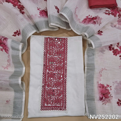 White fancy linen unstitched salwar material,embroidery, faux mirror and thread work on yoke,(thin, lining needed)pink silky or silk cotton bottom,floral printed semi linen dupatta with silver tissue borders. NV252202