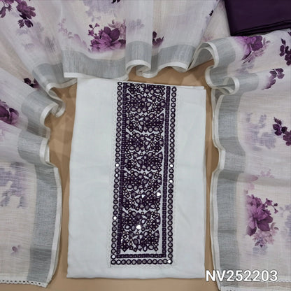 White fancy linen unstitched salwar material,embroidery, faux mirror and thread work on yoke,(thin, lining needed)purple silky or silk cotton bottom,floral printed semi linen dupatta with silver tissue borders. NV252203