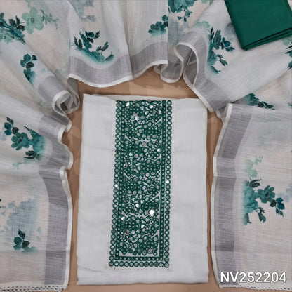 White fancy linen unstitched salwar material,embroidery, faux mirror and thread work on yoke,(thin, lining needed)turquoise green silky or silk cotton bottom,floral printed semi linen dupatta with silver tissue borders. NV252204