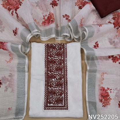 White fancy linen unstitched salwar material,embroidery, faux mirror and thread work on yoke,(thin, lining needed)maroon silky or silk cotton bottom,floral printed semi linen dupatta with silver tissue borders. NV252205