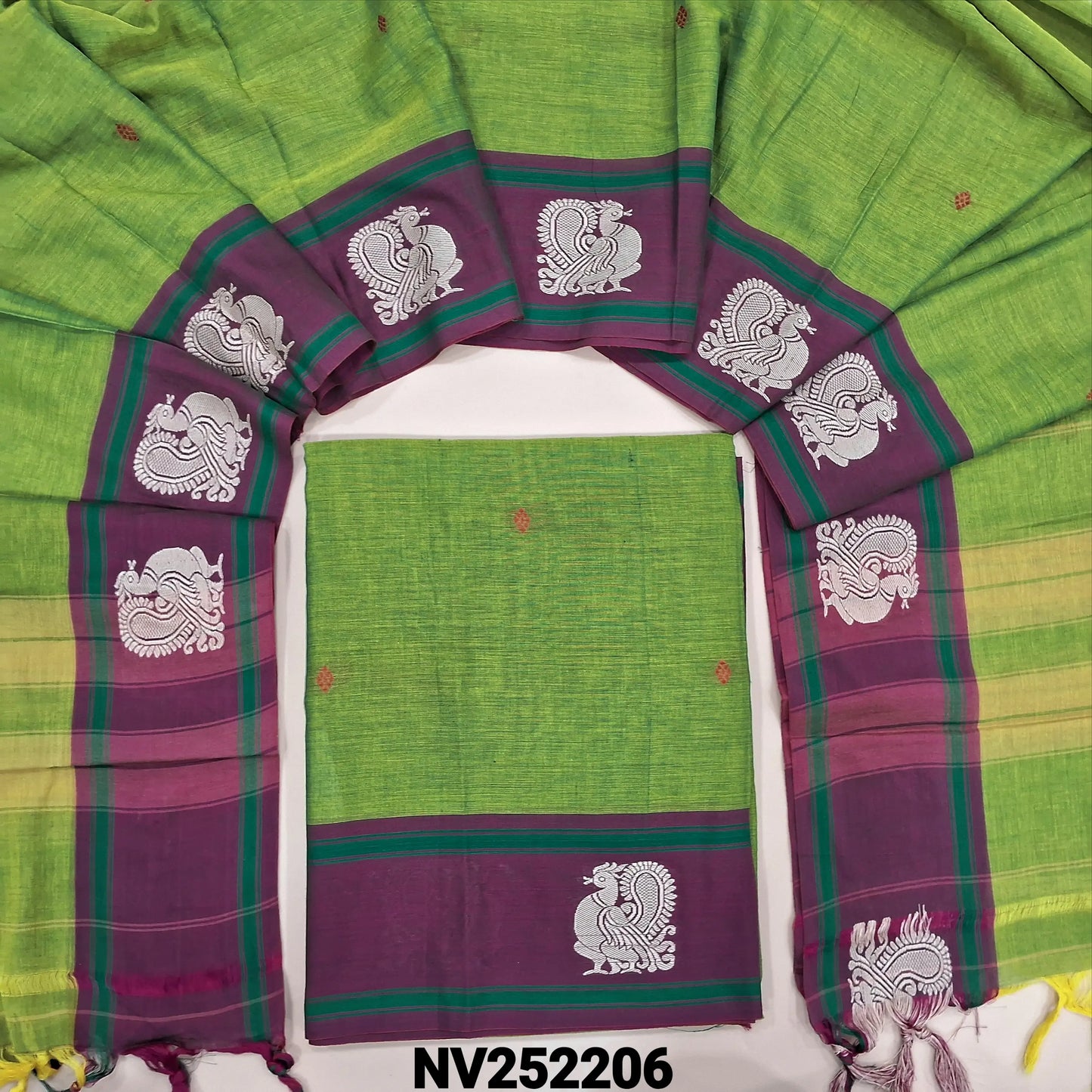 Light leafy green mercerized handloom cotton unstitched salwar material,thread woven buttas on front, contrast thread weaving on daman, 4.5 metres,(Thin, Lining Needed)mercerized handloom cotton Full length dupatta with double side borders. NV252206