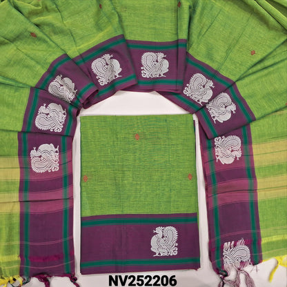Light leafy green mercerized handloom cotton unstitched salwar material,thread woven buttas on front, contrast thread weaving on daman, 4.5 metres,(Thin, Lining Needed)mercerized handloom cotton Full length dupatta with double side borders. NV252206