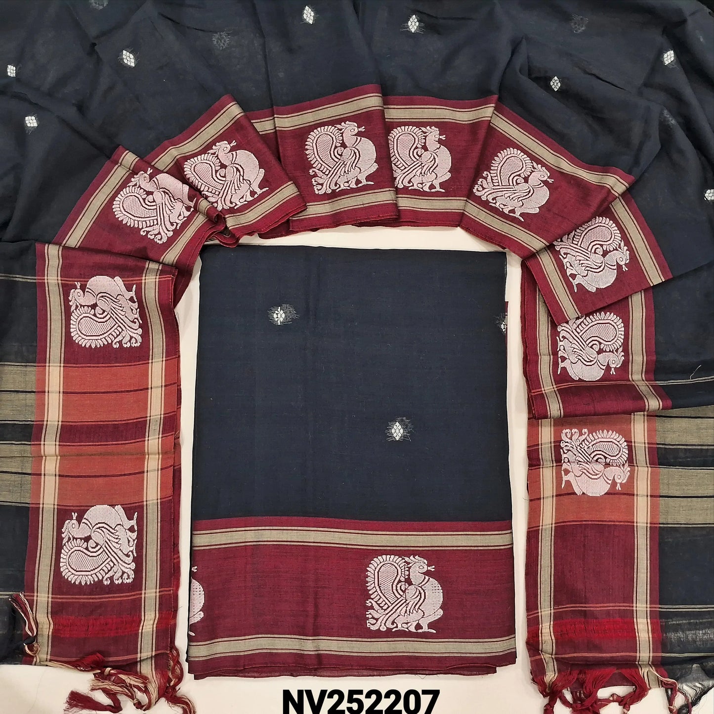 Black mercerized handloom cotton unstitched salwar material,thread woven buttas on front, contrast thread weaving on daman, 4.5 metres,(Thin, Lining Needed)mercerized handloom cotton Full length dupatta with double side borders. NV252207