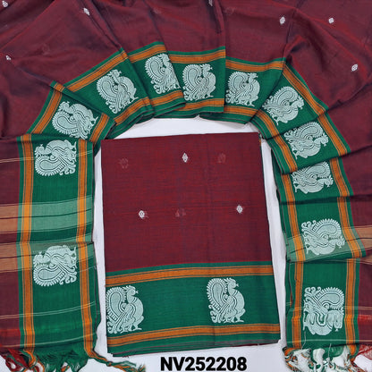 Maroon mercerized handloom cotton unstitched salwar material,thread woven buttas on front, contrast thread weaving on daman, 4.5 metres,(Thin, Lining Needed)mercerized handloom cotton Full length dupatta with double side borders. NV252208