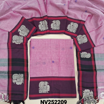 Patel pink mercerized handloom cotton unstitched salwar material,thread woven buttas on front, contrast thread weaving on daman, 4.5 metres,(Thin, Lining Needed)mercerized handloom cotton Full length dupatta with double side borders. NV252209