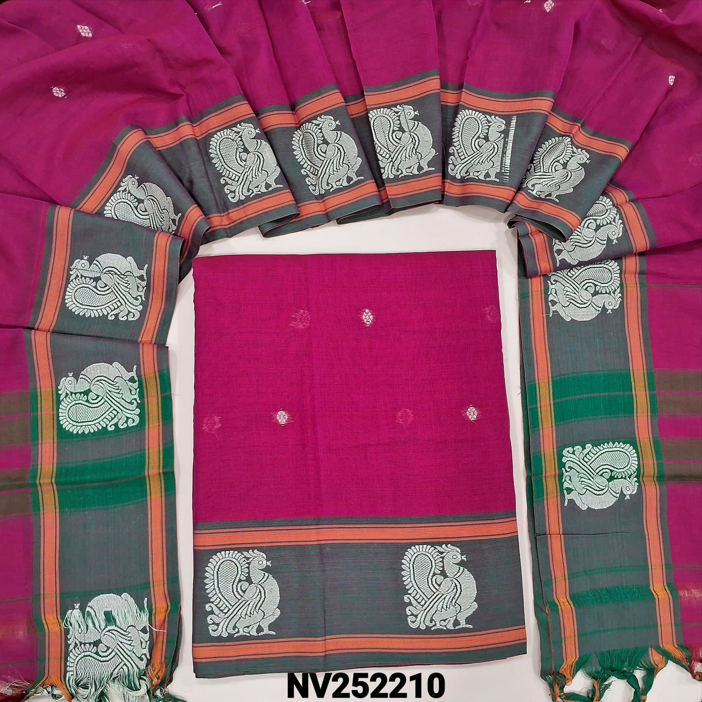 Dark pink mercerized handloom cotton unstitched salwar material,thread woven buttas on front, contrast thread weaving on daman, 4.5 metres,(Thin, Lining Needed)mercerized handloom cotton Full length dupatta with double side borders. NV252210