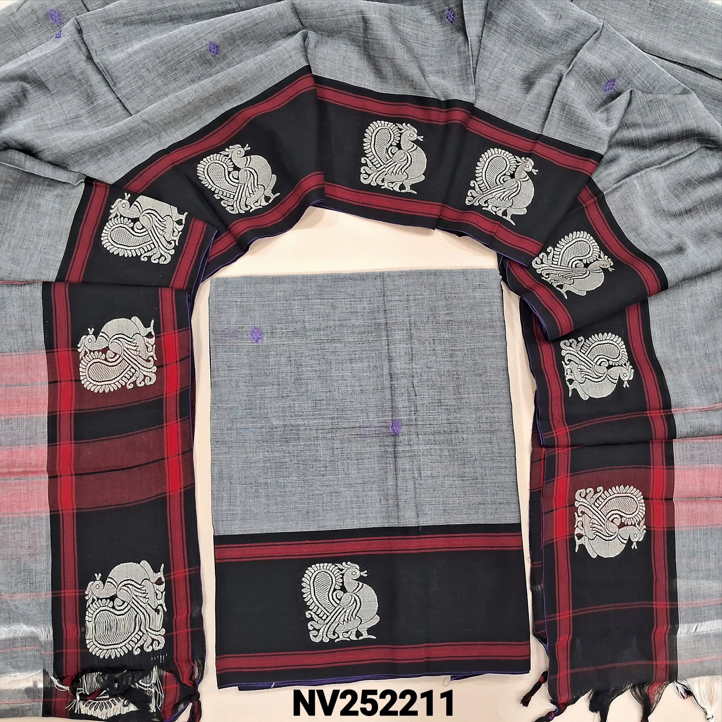 Silver grey mercerized handloom cotton unstitched salwar material,thread woven buttas on front, contrast thread weaving on daman, 4.5 metres,(Thin, Lining Needed)mercerized handloom cotton Full length dupatta with double side borders. NV252211