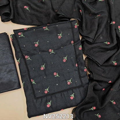Black semi linen unstitched salwar material (textured,lining optional)crochet work on yoke, floral embroidery on front, matching silky bottom, embroidery work on fancy soft silk cotton dupatta. NV252213