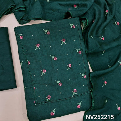 Dark green semi linen unstitched salwar material (textured,lining optional)crochet work on yoke, floral embroidery on front, matching silky bottom, embroidery work on fancy soft silk cotton dupatta. NV252215