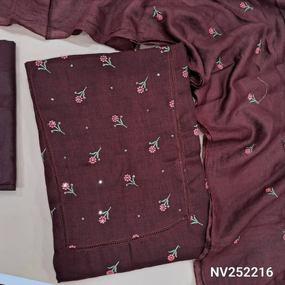 Dark maroon semi linen unstitched salwar material (textured,lining optional)crochet work on yoke, floral embroidery on front, matching silky bottom, embroidery work on fancy soft silk cotton dupatta. NV252216