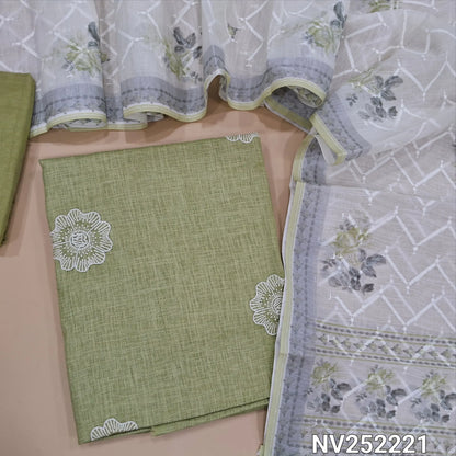 Pastel green semi linen unstitched salwar material (textured,lining needed)thread embroidery on front,matching santoon bottom, rich embroidery work and floral printed semi linen dupatta. NV252221