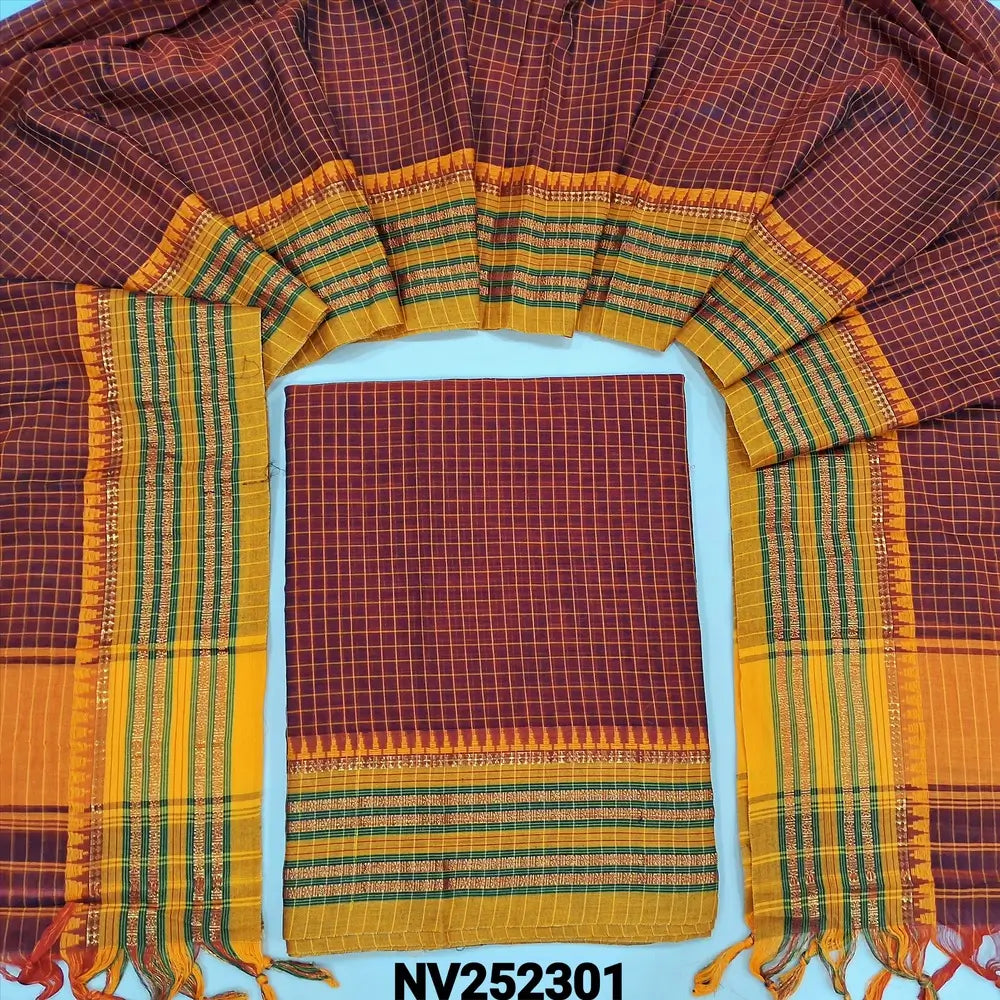 Reddish Maroon mercerized handloom cotton unstitched salwar material(thin, lining needed) checked allover with contrast traditional thread woven border, bottom included with top 4.5 metres, checked mercerized handloom cotton dupatta with tassels. NV252301