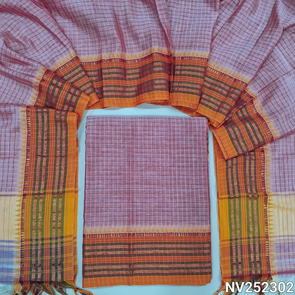 Pastel Pink mercerized handloom cotton unstitched salwar material(thin, lining needed) checked allover with contrast traditional thread woven border, bottom included with top 4.5 metres, checked mercerized handloom cotton dupatta with tassels. NV252302