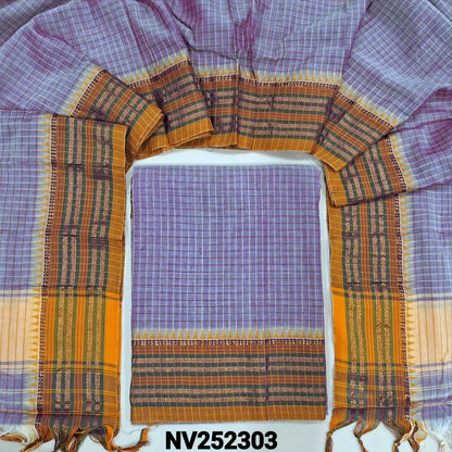 Lavender south mercerized handloom cotton unstitched salwar material(thin, lining needed) checked allover with contrast traditional thread woven border, bottom included with top 4.5 metres, checked mercerized handloom cotton dupatta with tassels. NV252303