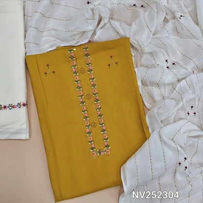 Mehandi Yellow satin cotton unstitched salwar material, embroidery and sequins work on yoke and front (Lining Optional) Rayon bottom with embroidery, mul cotton dupatta with embroidery. NV252304