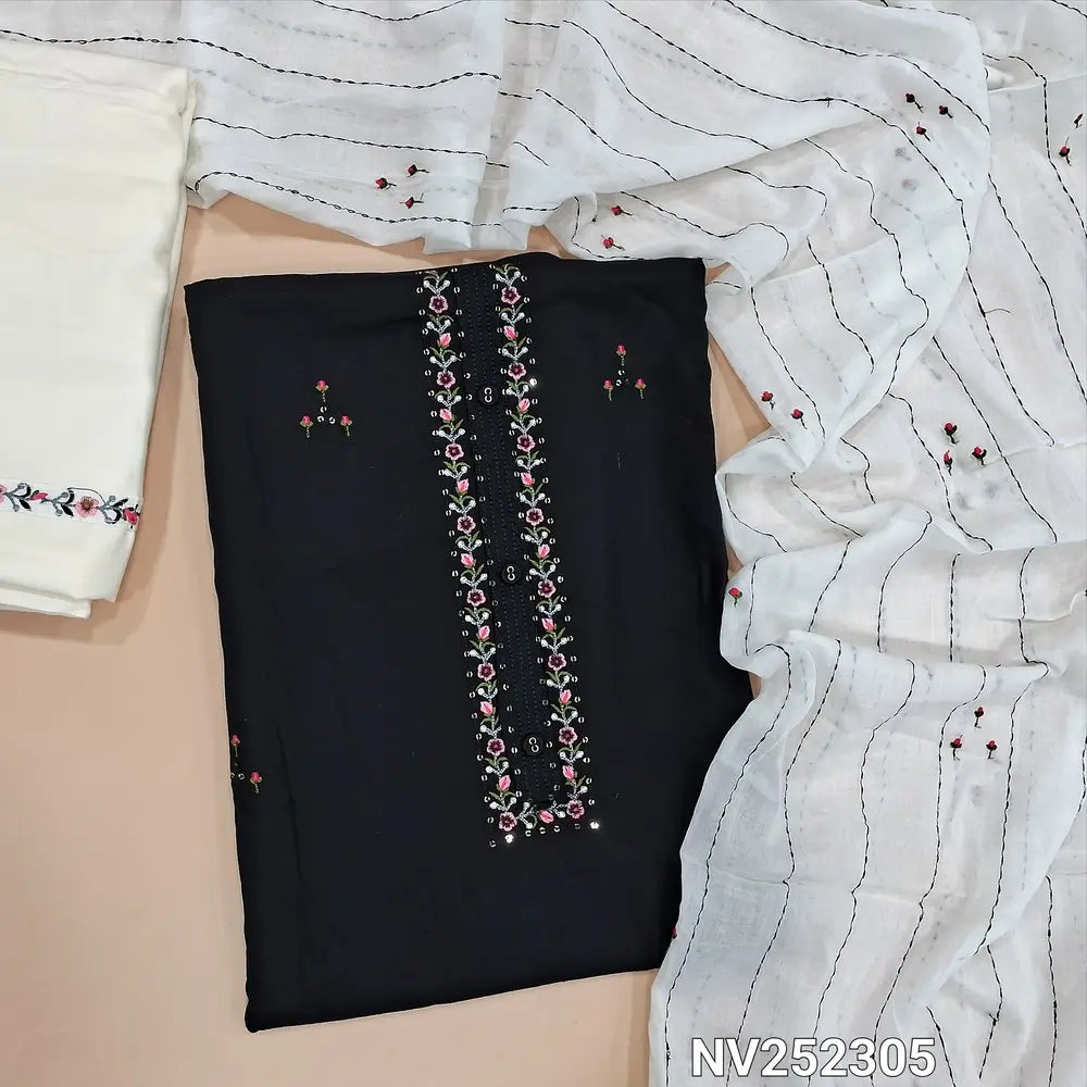 Black satin cotton unstitched salwar material, embroidery and sequins work on yoke and front (Lining Optional) Rayon bottom with embroidery, mul cotton dupatta with embroidery. NV252305