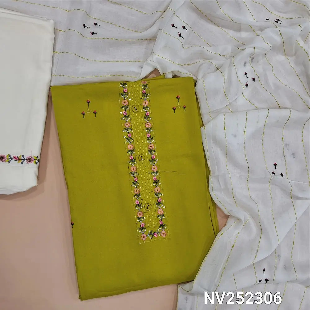 Bright green satin cotton unstitched salwar material, embroidery and sequins work on yoke and front (Lining Optional) Rayon bottom with embroidery, mul cotton dupatta with embroidery. NV252306