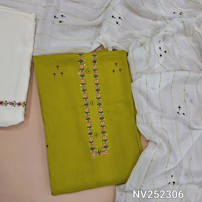 Bright green satin cotton unstitched salwar material, embroidery and sequins work on yoke and front (Lining Optional) Rayon bottom with embroidery, mul cotton dupatta with embroidery. NV252306