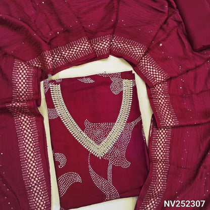 Dark Pink Bandhini printed maslin silk unstitched salwar material, neckline with zari and sequins work (Soft, Lining Needed) Matching Spun Cotton Bottom, Jakard silk cotton dupatta with self design and sequins work and tapings. NV252307