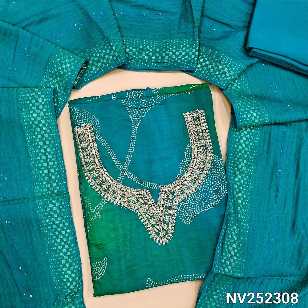 Bright Turquoise Blue Bandhini printed maslin silk unstitched salwar material, neckline with zari and sequins work (Soft, Lining Needed) Matching Spun Cotton Bottom, Jakard silk cotton dupatta with self design and sequins work and tapings. NV252308