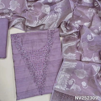 Sober purple fancy silk unstitched salwar material, cut bead and sugar bead detailing on yoke (Soft, Silky Lining Needed) Matching santoon bottom, fancy banarasi zari woven dupatta. NV252309