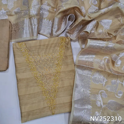Sandal Yellow fancy silk unstitched salwar material, cut bead and sugar bead detailing on yoke (Soft, Silky Lining Needed) Matching santoon bottom, fancy banarasi zari woven dupatta. NV252310