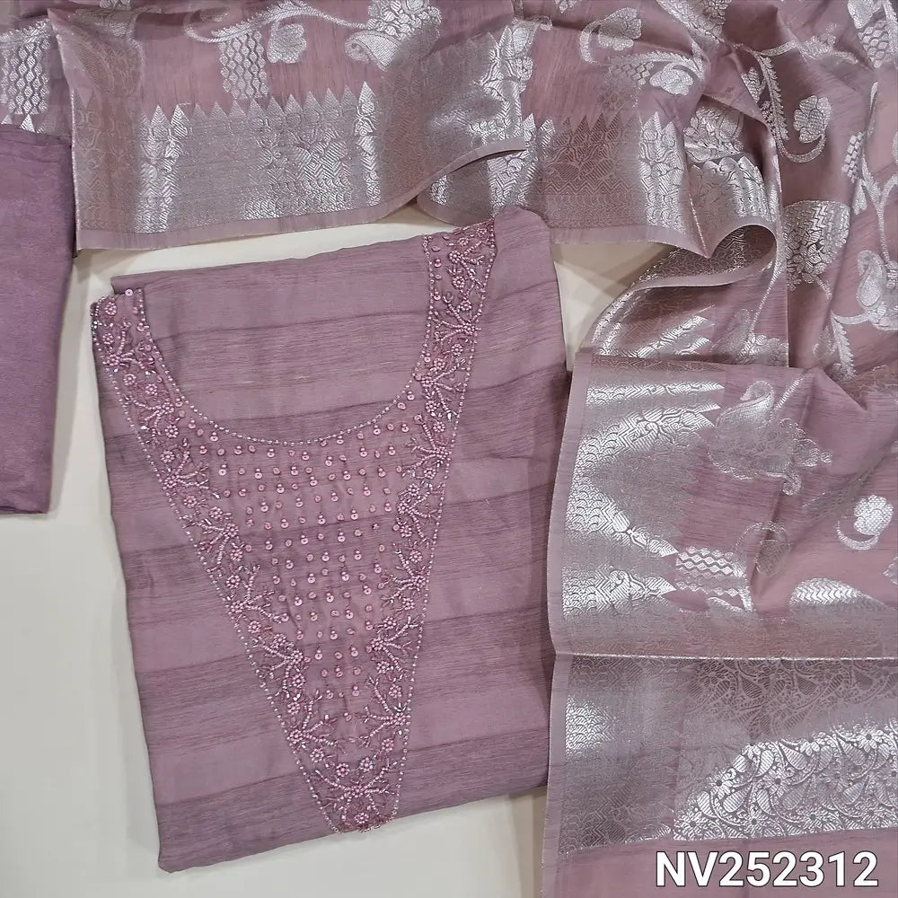 Pastel Pink fancy silk unstitched salwar material, cut bead and sugar bead detailing on yoke (Soft, Silky Lining Needed) Matching santoon bottom, fancy banarasi zari woven dupatta. NV252312