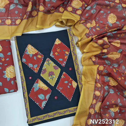 Black pure cotton unstitched salwar material, applique, embroidery and real mirror work on yoke (Lining Optional) Floral Printed pure cotton bottom, full length printed dupatta. NV252313