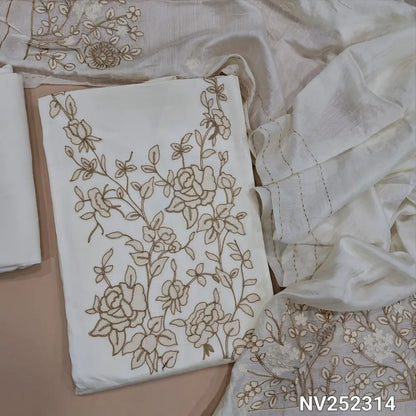 Half white satin cotton unstitched salwar material, embroidery work on front (lining needed) matching spun cotton bottom, soft fancy silk cotton dupatta with rich embroidery (TAPINGS NEEDED). NV252314