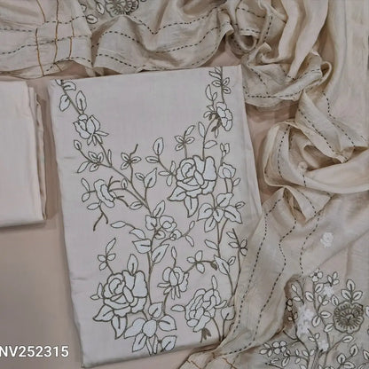 Light beige satin cotton unstitched salwar material, embroidery work on front (lining needed) matching spun cotton bottom, soft fancy silk cotton dupatta with rich embroidery (TAPINGS NEEDED). NV252315