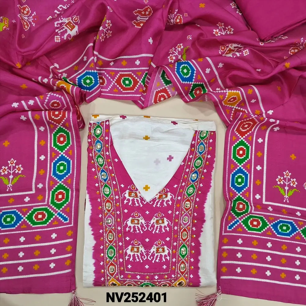Designer off white printed russian silk unstitched salwar material, contrast printed yoke patch (Shiny, Silky, Lining Needed) Matching santoon bottom, digital printed short width russian silk dupatta. NV252401