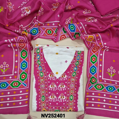 Designer off white printed russian silk unstitched salwar material, contrast printed yoke patch (Shiny, Silky, Lining Needed) Matching santoon bottom, digital printed short width russian silk dupatta. NV252401