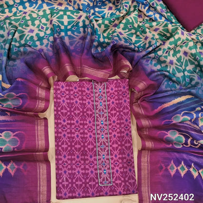 Pink patola printed fancy silk cotton unstitched salwar material, bead and real mirror work on yoke (Lining Needed) Silk cotton bottom, bright patola printed fancy silk dupatta. NV252402