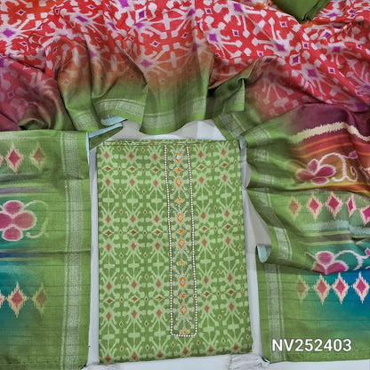 Green patola printed fancy silk cotton unstitched salwar material, bead and real mirror work on yoke (Lining Needed) Silk cotton bottom, bright patola printed fancy silk dupatta. NV252403