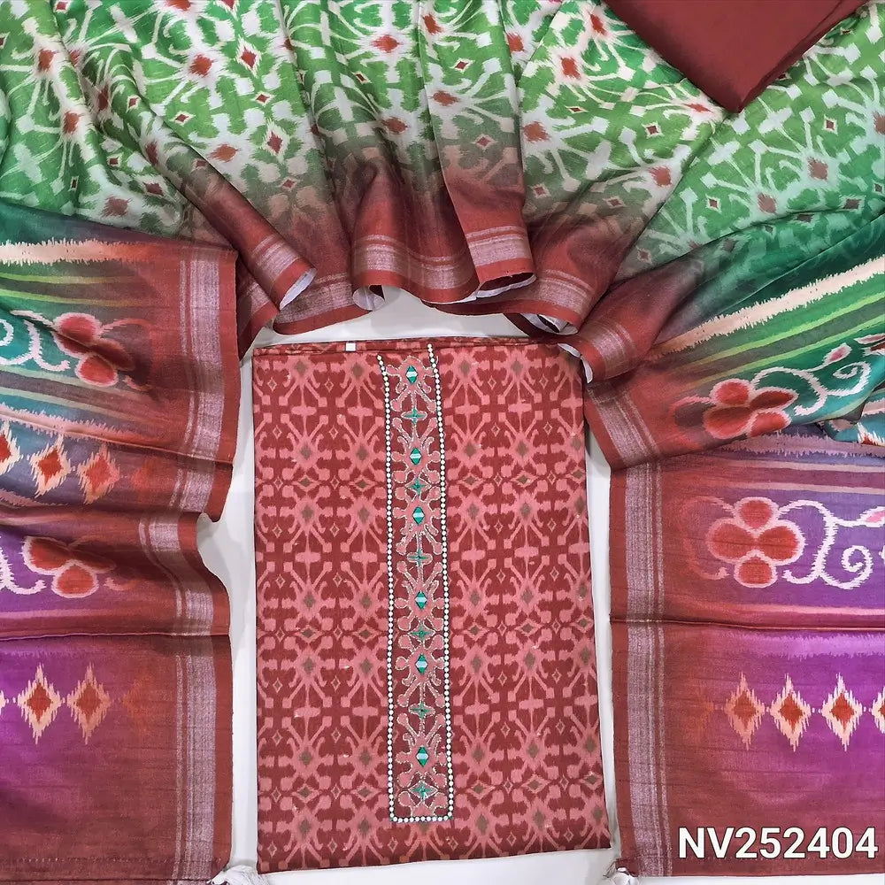 Maroon patola printed fancy silk cotton unstitched salwar material, bead and real mirror work on yoke (Lining Needed) Silk cotton bottom, bright patola printed fancy silk dupatta. NV252404