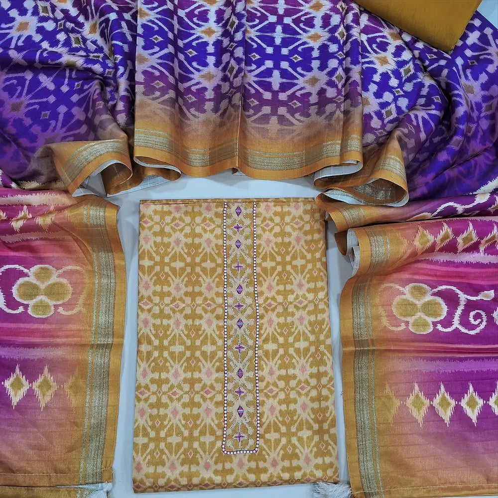 Light fenugreek yellow patola printed fancy silk cotton unstitched salwar material, bead and real mirror work on yoke (Lining Needed) Silk cotton bottom, bright patola printed fancy silk dupatta. NV252405