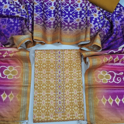 Light fenugreek yellow patola printed fancy silk cotton unstitched salwar material, bead and real mirror work on yoke (Lining Needed) Silk cotton bottom, bright patola printed fancy silk dupatta. NV252405