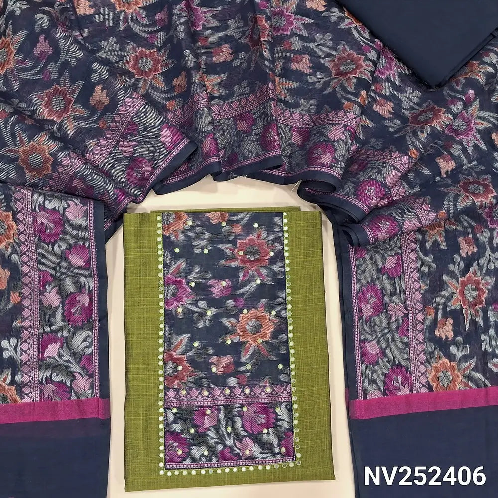 Mossy green slub silk cotton unstitched salwar material, brocade yoke patch with faux mirror work (Textured, Lining Needed) Navy Blue Cotton bottom, Soft slk cotton brocade dupatta with heavy thread weaving. NV252406
