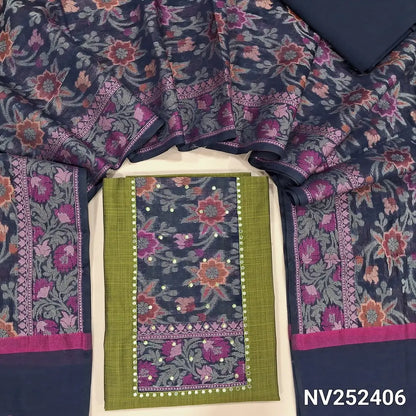 Mossy green slub silk cotton unstitched salwar material, brocade yoke patch with faux mirror work (Textured, Lining Needed) Navy Blue Cotton bottom, Soft slk cotton brocade dupatta with heavy thread weaving. NV252406