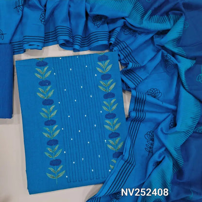 Blue Premium handloom cotton unstitched salwar material, thread, applique and sequins work on yoke (Lining Optional) Pure handloom cotton bottom, dual shaded handblock printed mul cotton dupatta. NV252408