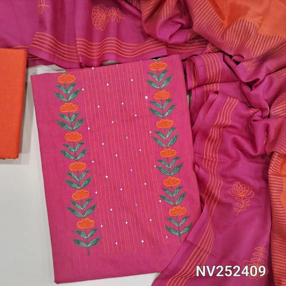 Pink Premium handloom cotton unstitched salwar material, thread, applique and sequins work on yoke (Lining Optional) Pure handloom cotton bottom, dual shaded handblock printed mul cotton dupatta. NV252409