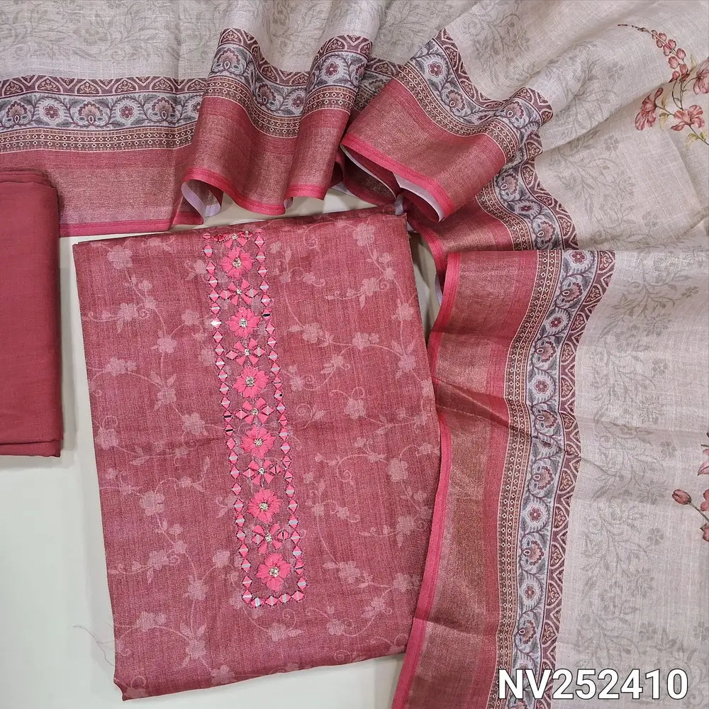 Pink with gold tint printed fancy tissue silk cotton unstitched salwar material, real mirror and thread work on yoke (Lining Needed) Matching Silky Bottom, Tissue Silk Cotton printed Dupatta. NV252410